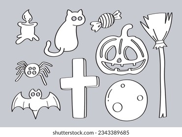 Halloween doodle icons set. Hand-drawn vector illustration.