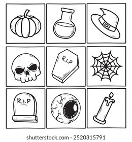 Halloween doodle icons set with pumpkin, skull, witch hat, candle, potion, spider web, skull, crossbones. Vector illustration.