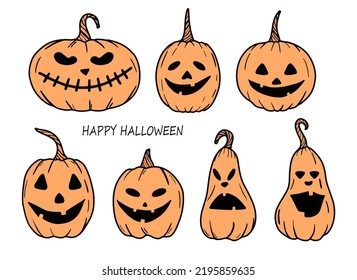 Halloween doodle icons.Hand drawn scary face pumpkins.