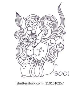 Halloween doodle illustration. Holiday art with cute characters and objects.