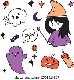 Halloween doodle illustration. Halloween set of elements, ghost, pumpkin and bat. Vector is cute illustration in hand drawn style