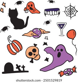 Halloween doodle illustration. Halloween set of elements, ghost, pumpkin and bat. Vector is cute illustration in hand drawn style