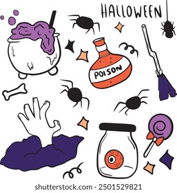 Halloween doodle ilustración. Conjunto de Elementos de Halloween, fantasma, calabaza y murciélago. Vector es linda ilustración en estilo dibujado a mano