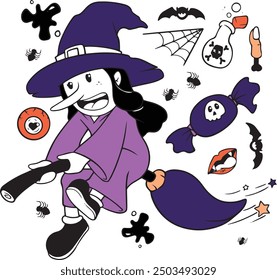 Halloween doodle illustration. Halloween set of elements, ghost, pumpkin and bat. Vector is cute illustration in hand drawn style