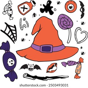 Halloween doodle illustration. Halloween set of elements, ghost, pumpkin and bat. Vector is cute illustration in hand drawn style