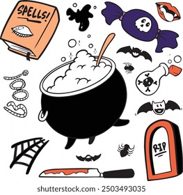 Halloween doodle illustration. Halloween set of elements, ghost, pumpkin and bat. Vector is cute illustration in hand drawn style