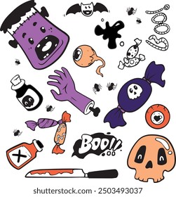 Halloween doodle ilustración. Conjunto de Elementos de Halloween, fantasma, calabaza y murciélago. Vector es linda ilustración en estilo dibujado a mano