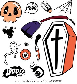 Halloween doodle illustration. Halloween set of elements, ghost, pumpkin and bat. Vector is cute illustration in hand drawn style