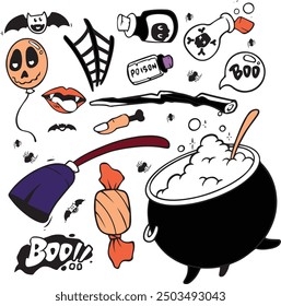 Halloween doodle illustration. Halloween set of elements, ghost, pumpkin and bat. Vector is cute illustration in hand drawn style