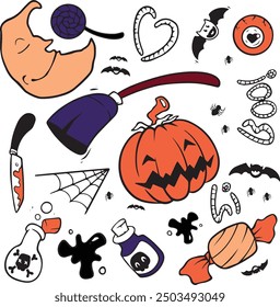 Halloween doodle ilustración. Conjunto de Elementos de Halloween, fantasma, calabaza y murciélago. Vector es linda ilustración en estilo dibujado a mano