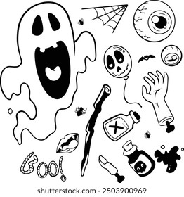 Halloween-Doodle-Illustration. Halloween-Set von Elementen, Geist, Kürbis und Fledermaus. Vektorgrafik ist eine süße Illustration im handgezeichneten Stil
