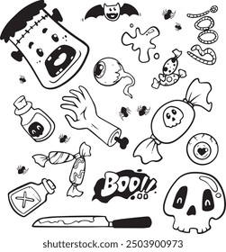 Halloween doodle illustration. Halloween set of elements, ghost, pumpkin and bat. Vector is cute illustration in hand drawn style
