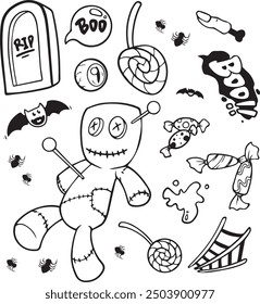 Halloween doodle illustration. Halloween set of elements, ghost, pumpkin and bat. Vector is cute illustration in hand drawn style
