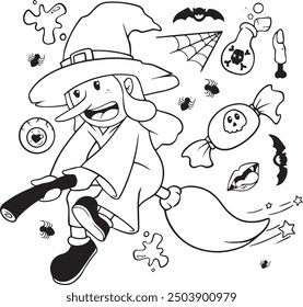 Halloween doodle illustration. Halloween set of elements, ghost, pumpkin and bat. Vector is cute illustration in hand drawn style

