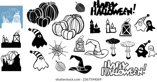 Halloween doodle illustrations set, black and white vector illustration