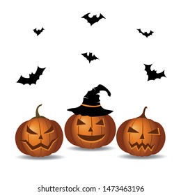 Halloween Doodle. Isolated objects on a white background with angry bats, three pumpkins. Angry and kind pumpkins. magic hat