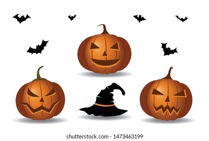 Halloween Doodle. Isolated objects on a white background with angry bats, three pumpkins. Angry and kind pumpkins. magic hat