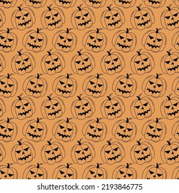 Patrón de doodle de Halloween. Linternas de calabaza negras sobre fondo naranja. Ilustración sin fisuras del vector. Símbolos de boceto navideño de Halloween toman linternas. Elementos dibujados a mano. 
