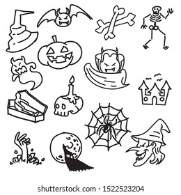 Halloween doodle pattern with pumpkins, skull, bat, spider, ghosts, bones, candle, spider web, zombie and witch