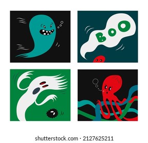Afiches de doodle de Halloween con adorables fantasmas cómicos. Conjunto vectorial de ilustraciones de dibujos animados de moda con monstruos graciosos, fantasma, pulpo y persona diciendo Boo. Tarjetas o avatares de fantasía