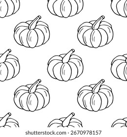 Patrón de calabaza Doodle de Halloween. Ilustración vectorial dibujada a mano. Ilustración vectorial de libro para niños de la página para colorear de contorno de calabaza. Cosecha de otoño. Boceto de una calabaza. Doodle de verduras.