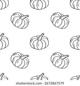 Patrón de calabaza Doodle de Halloween. Ilustración vectorial dibujada a mano. Ilustración vectorial de libro para niños de la página para colorear de contorno de calabaza. Cosecha de otoño. Boceto de una calabaza. Doodle de verduras.