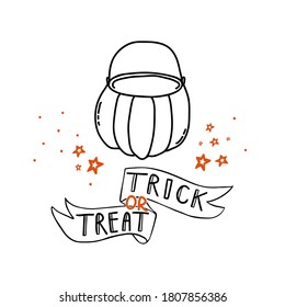 Halloween doodle ribbon with trick or treat lettering and pumpkin-shaped container for sweets. Spooky and fun hand drawn icon for halloween decoration design. EPS 8