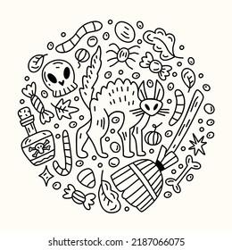 Halloween doodle round illustration with celebration decorative elements. Witch cat, skull, poison, sweets, autumn leaves. For websites, social media and prints. Hand-drawn sketch doodle vector 