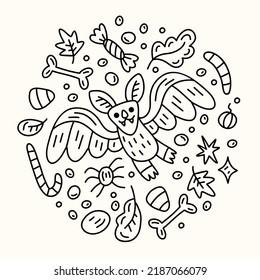 Halloween doodle round illustration with celebration decorative elements. Bat, sweets, autumn leaves. For websites, social media and prints. Hand-drawn sketch doodle vector 