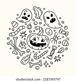 Halloween doodle round illustration with celebration decorative elements. Pumpkin, ghosts, bones, sweets, autumn leaves. For websites, social media and prints. Hand-drawn sketch doodle vector 