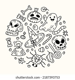 Halloween doodle round illustration with celebration decorative elements. Pumpkin, ghosts, bones, sweets, autumn leaves. For websites, social media and prints. Hand-drawn sketch doodle vector 