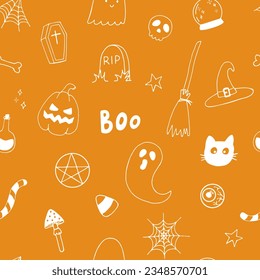 Halloween doodle seamless pattern. Halloween background with magic elements. 