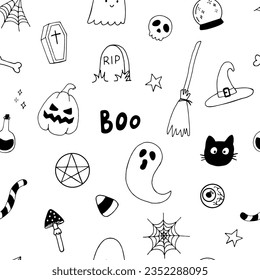 Halloween doodle seamless pattern. Halloween background with magic elements. 