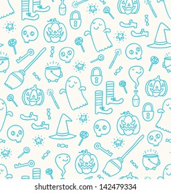 Halloween doodle seamless pattern with bunch of creepy sweet symbols