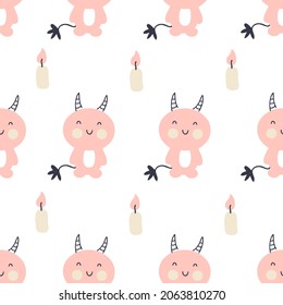 Halloween doodle seamless pattern with devils and candles. Perfect for T-shirt, textile and prints. Hand drawn style vector illustration for decor and design.

