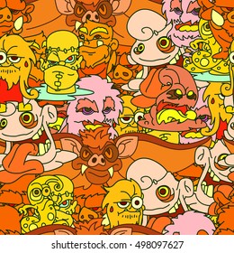 Halloween doodle seamless  pattern with fanny monsters.