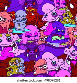 Halloween doodle seamless  pattern with fanny monsters.