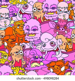 Halloween doodle seamless  pattern with fanny monsters.