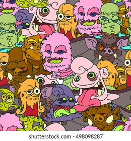 Halloween doodle seamless  pattern with fanny monsters.