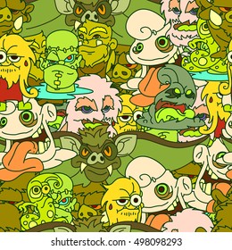 Halloween doodle seamless  pattern with fanny monsters.