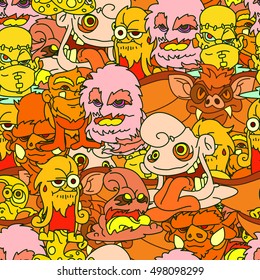 Halloween doodle seamless  pattern with fanny monsters.