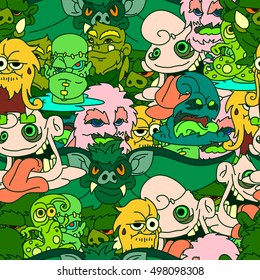 Halloween doodle seamless  pattern with fanny monsters.