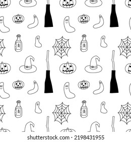 Halloween doodle seamless pattern isolated on white background. Witch broom and hats, pumpkin and ghost vector print