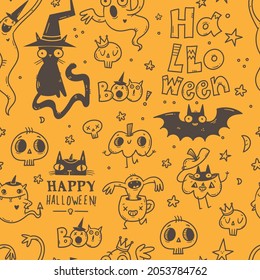 Halloween doodle seamless pattern on orange background. Cartoon horror funny characters. Wallpaper with line art monsters.