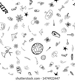 Halloween doodle seamless pattern set isolated on white background. Outline set of seamless pattern with black Halloween doodle elements. Outline collection. Hand drawn sketch magician collection.