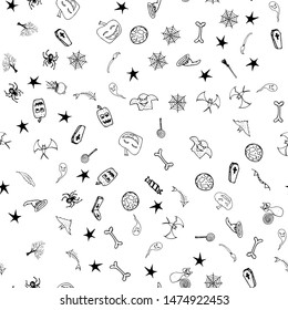 Halloween doodle seamless pattern set isolated on white background. Outline set of seamless pattern with black Halloween doodle elements. Outline collection. Hand drawn sketch magician collection.