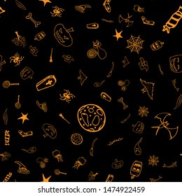 Halloween doodle seamless pattern set isolated on black background. Outline set of seamless pattern with black Halloween doodle elements. Outline collection. Hand drawn sketch magician collection.