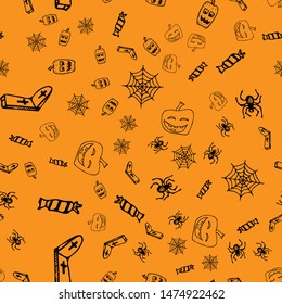 Halloween doodle seamless pattern set isolated on orange background. Outline set of seamless pattern with black Halloween doodle elements. Outline collection. Hand drawn sketch magician collection.