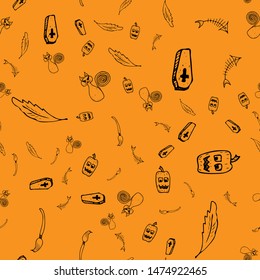 Halloween doodle seamless pattern set isolated on orange background. Outline set of seamless pattern with black Halloween doodle elements. Outline collection. Hand drawn sketch magician collection.