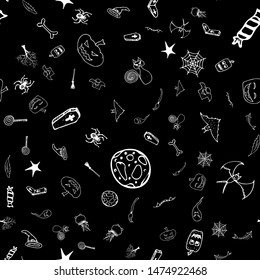 Halloween doodle seamless pattern set isolated on black background. Outline set of seamless pattern with black Halloween doodle elements. Outline collection. Hand drawn sketch magician collection.